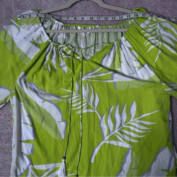 Maria & Kyndals Chartreuse Lavender White Leaf Print Blouse Tassels Tropical Med - Picture 7 of 11